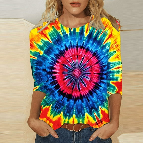Fznquz T-Shirts for Women 3/4 Sleeve Crewneck Tie Dye Tee Loose Casual Rainbow Women Tops L