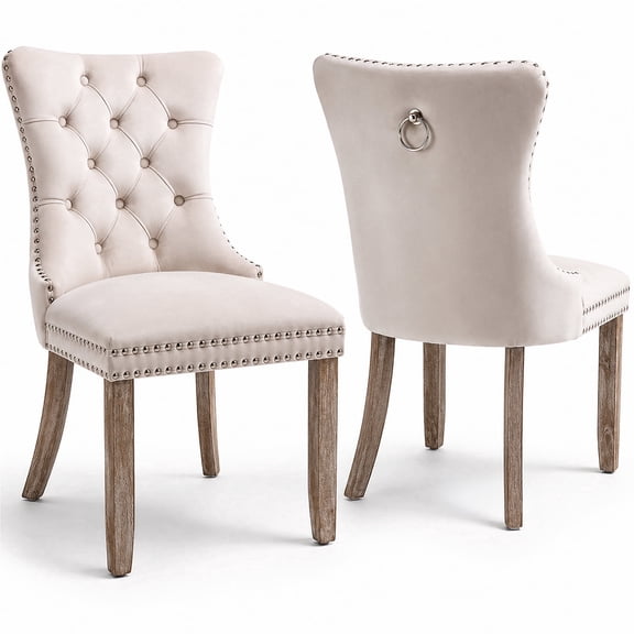 Paproos Dining Chairs Set of 2, Velvet Upholstered Dining Room Chairs with Button Tufted Back, Back Ring and Nailhead Trim, Modern Kitchen Chairs, Dinner Chairs with Solid Wood Legs, Beige