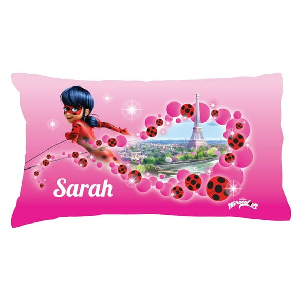 Miraculous Ladybug Personalized Pillowcase with Paris on Pink Pillow Cover, Official Licensed Product, 20x31, STD/Queen