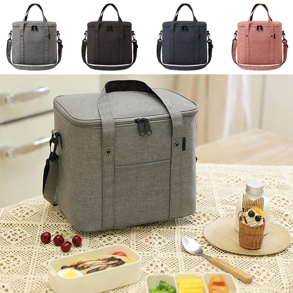 Insulated Lunch Box Bag, Large Capacity Portable Bento Storage Bag with Shoulder Strap, Thermal Leakproof Tote Bag for Office, School, Travel, Polyester, Black/Gray/Blue/Pink