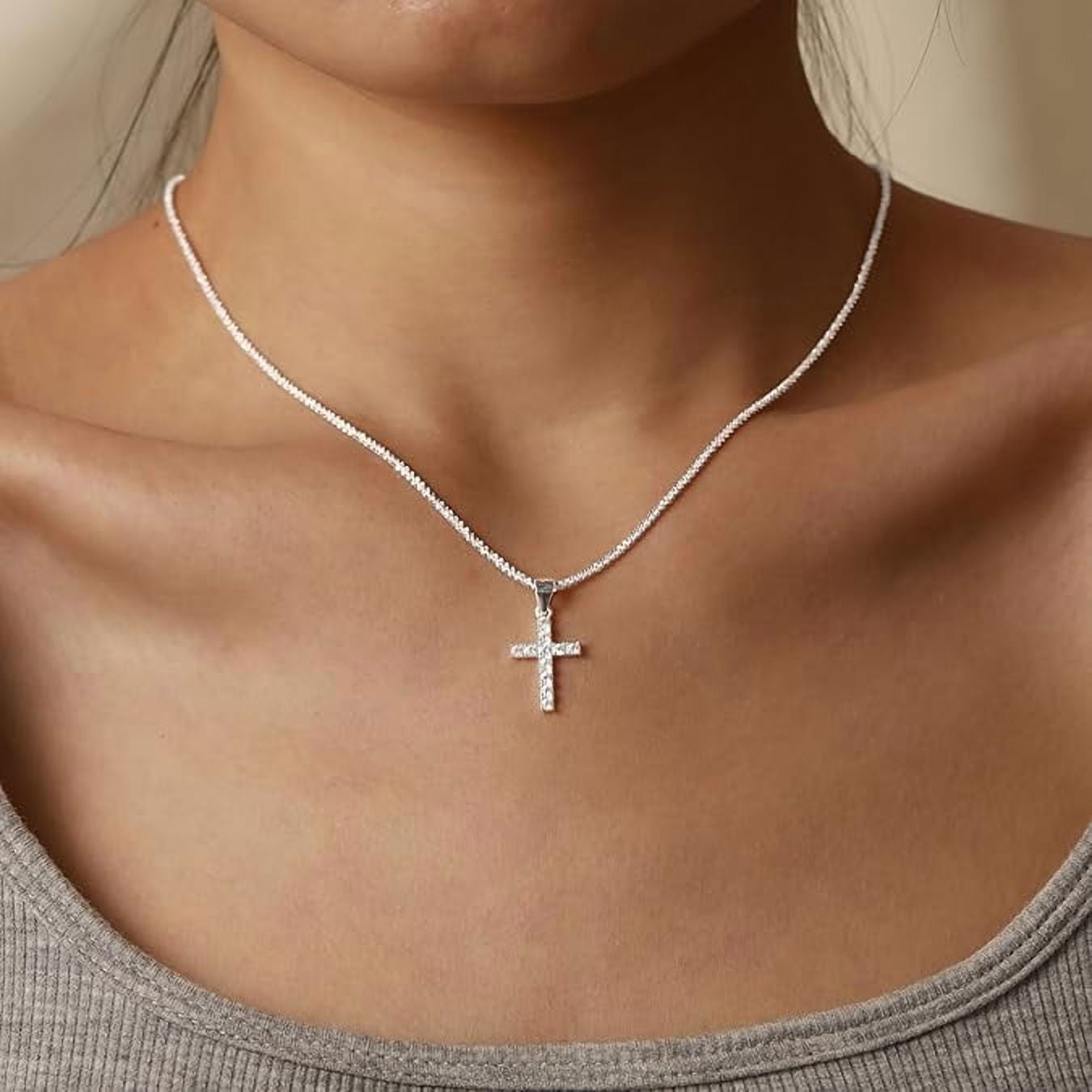 925 Sterling Silver Sparkly Cross Necklace for Women Dainty