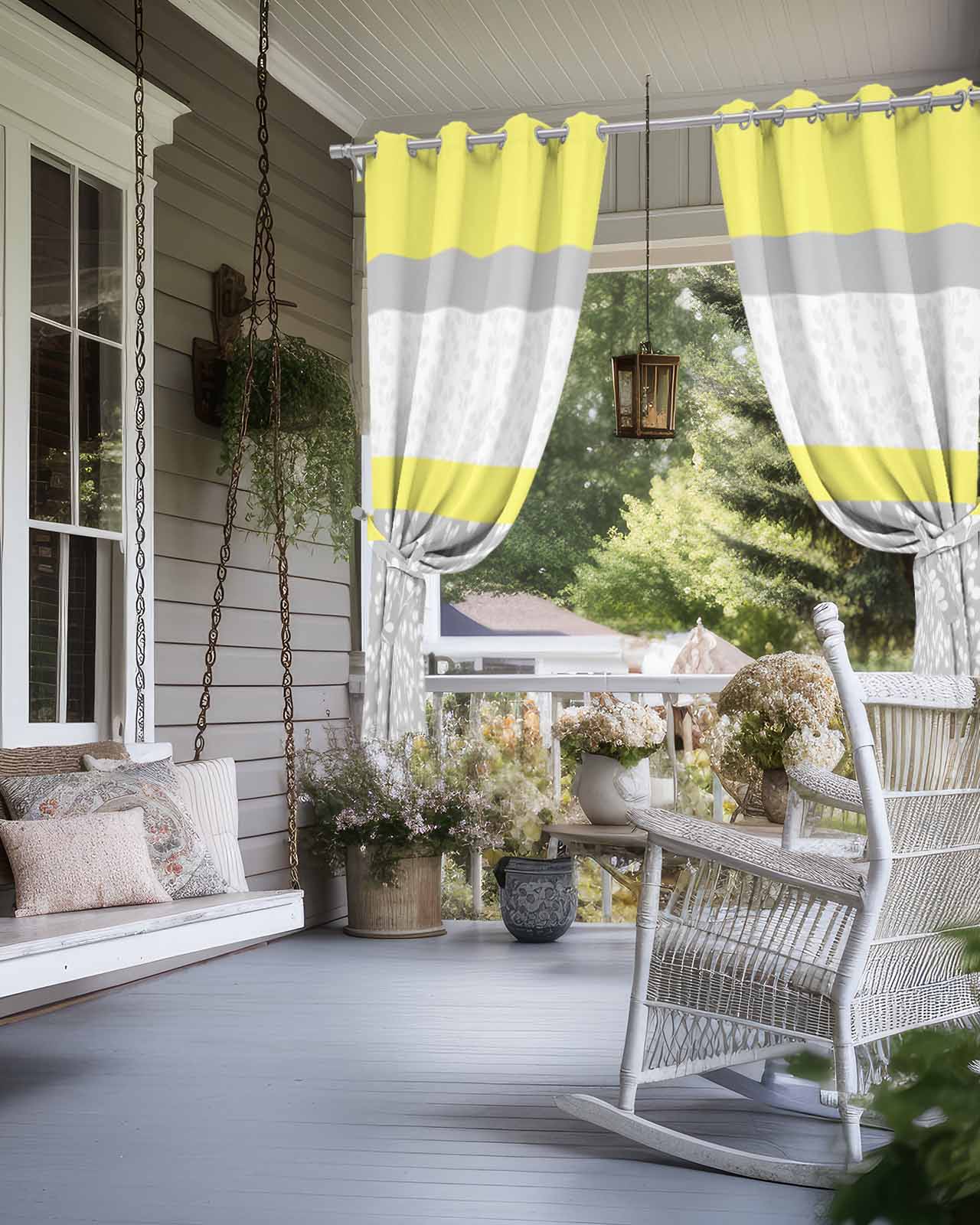 Yellow Grey Outdoor Curtains for Patio, Chic Garden Floral Stripe Embroidery Design Privacy Drapes Grommet Waterproof Outside Curtains for Porch/Cabana/Balcony 54"x 108", 1 Panel