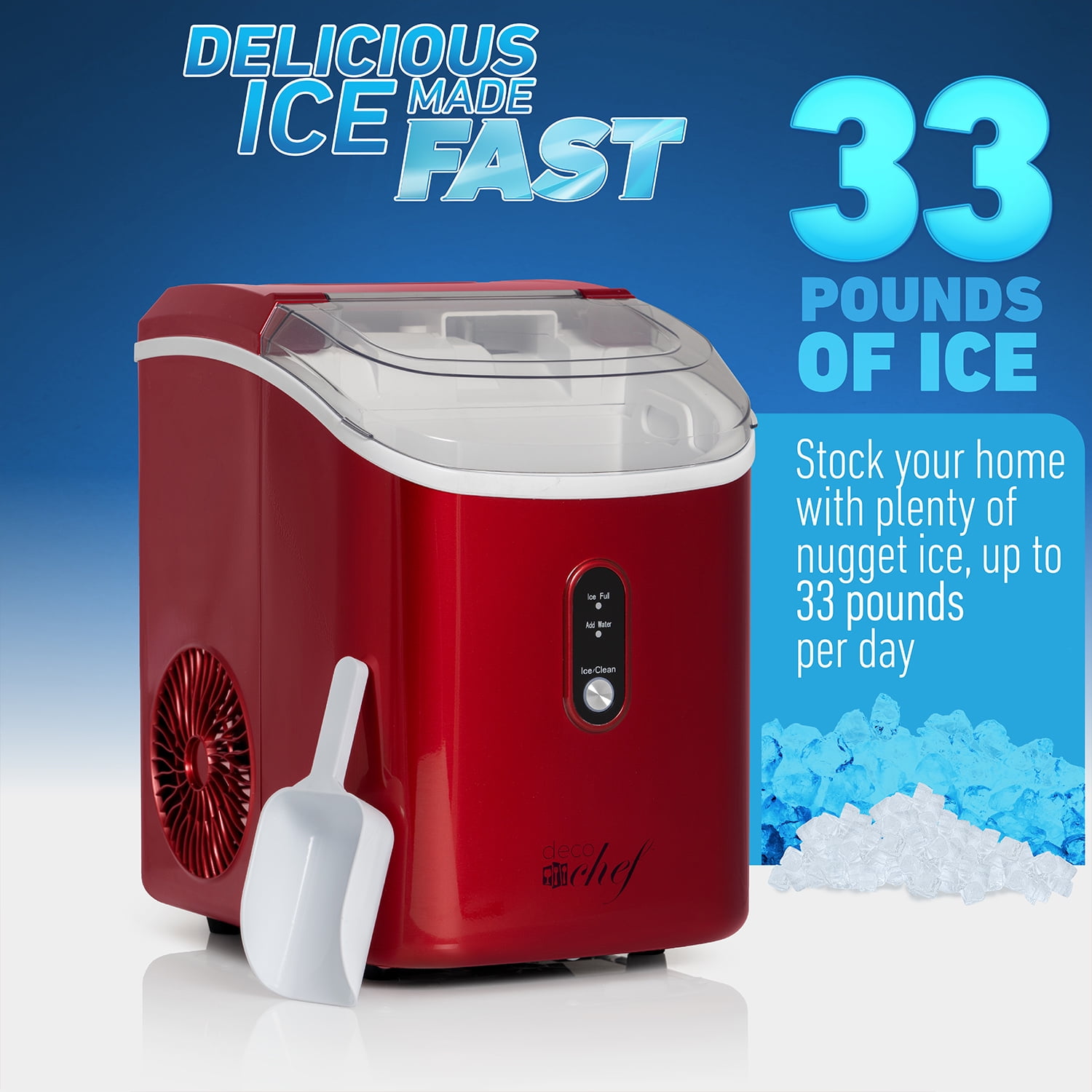 Deco Chef Countertop Ice Maker, 33LB per Day, 1-Click Auto Operation, Red