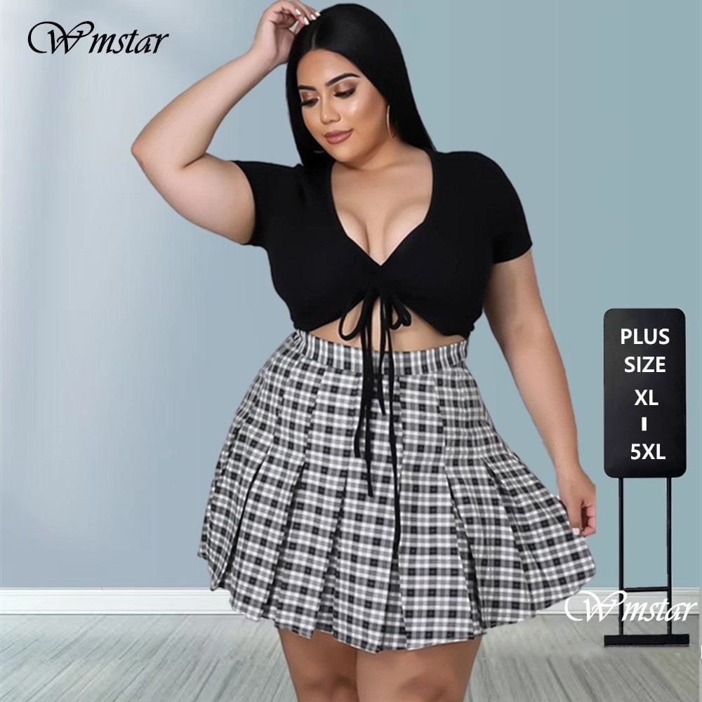 Plus Size Sets Skirts Women Fashion Lace Up Crop Top Mini Plaid