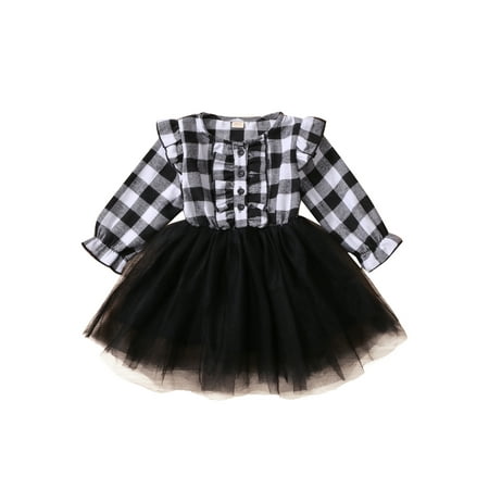 

Gupgi Autumn Kids Girls Xmas Dress Plaid Long Sleeve Ruffles Bow Lace Patchwork Tutu Dress