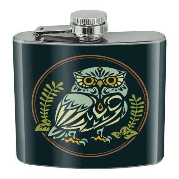 Wise White Tribal Owl Stainless Steel 5oz Hip Drink Kidney Flask