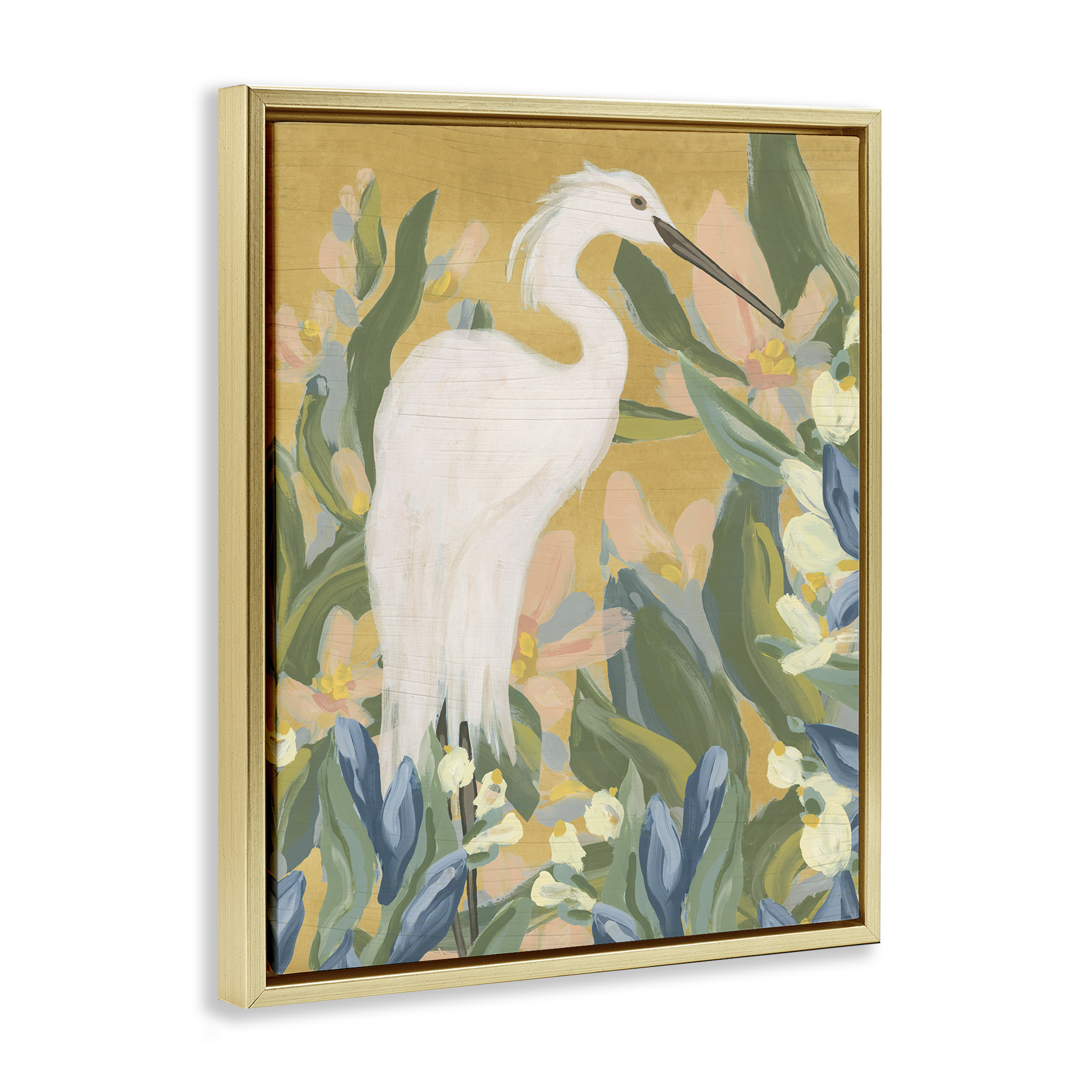 Stupell Industries Egret & Lake Vegetation Animals & Insects Painting Gold Floater Framed Canvas Art Print Wall Art, 17 x 21