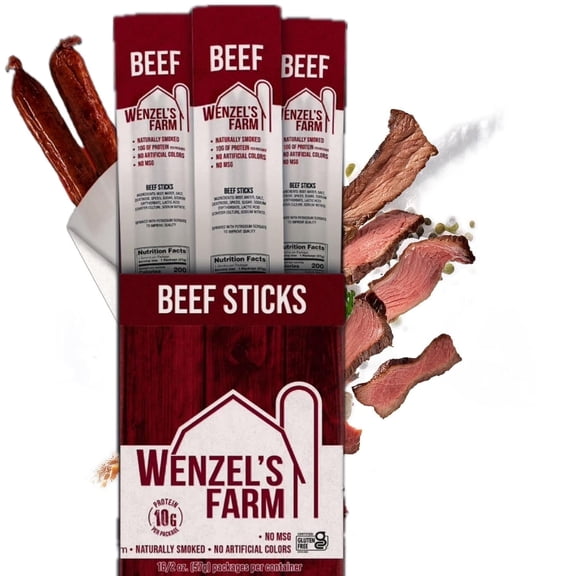Wenzel’s Farm Beef Snack Sticks, Naturally Hickory Smoked, Gluten Free, No MSG, High Protein Low Carb, 32 Sticks (16 packs of 2)