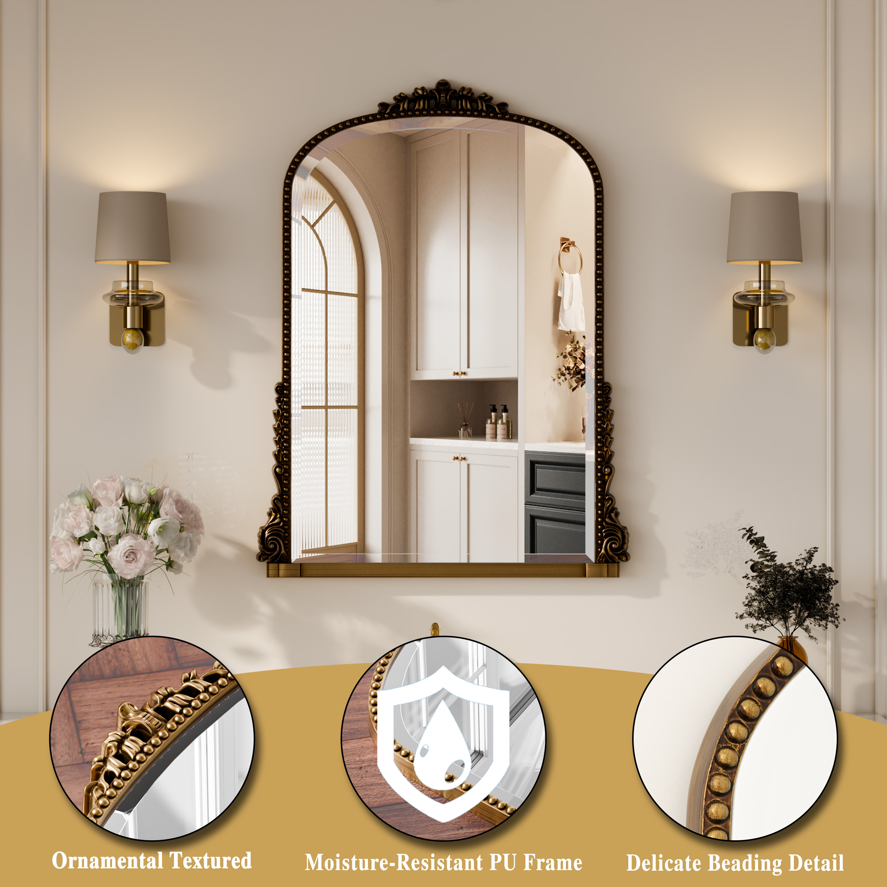 GRAHMCY 32"x 24" Arched Bathroom Mirror Hanging Vanity Mirror Decor Wall Mirror, Antique Bronze