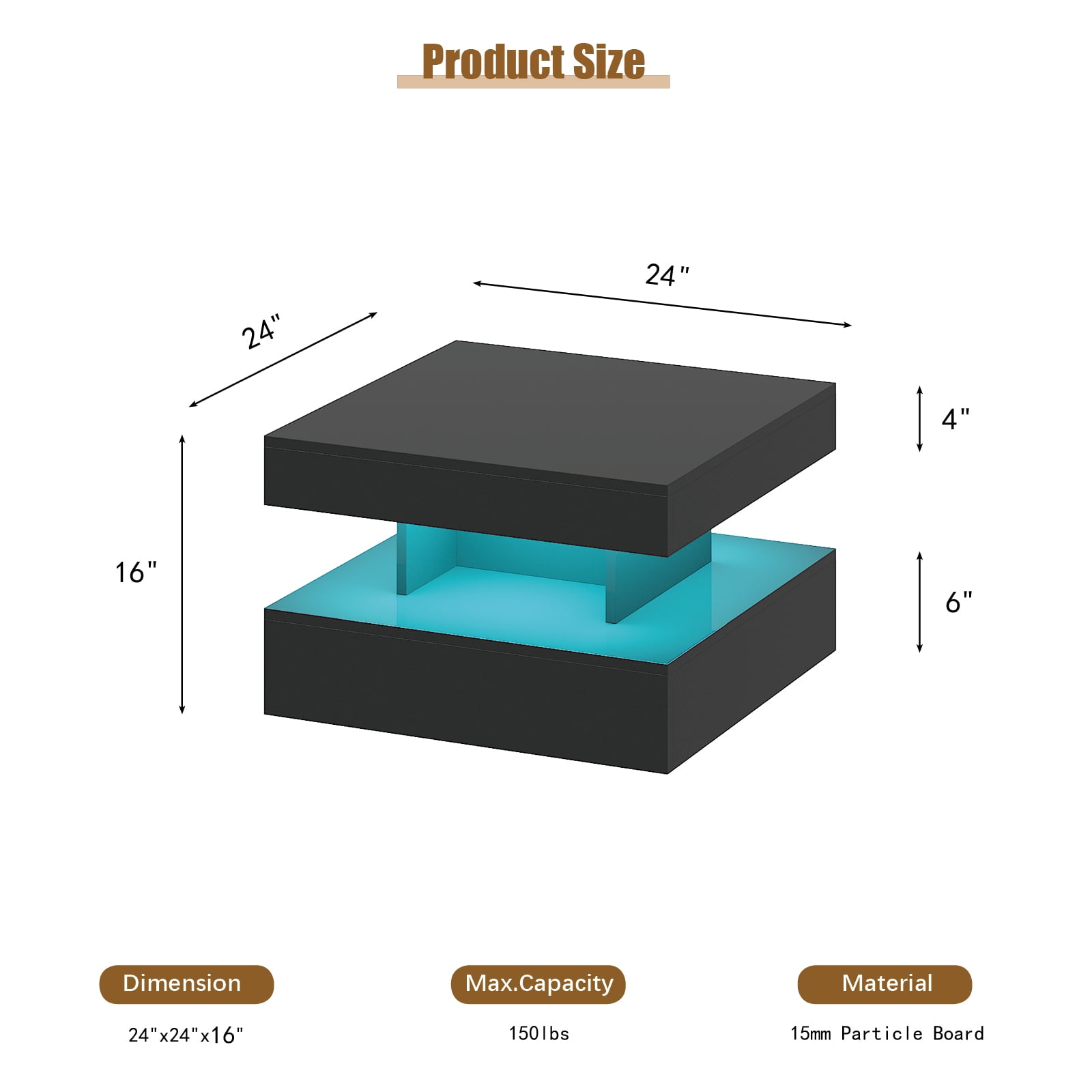 Hironpal Small Black Coffee Table with Light,24" LED Center Table in Living Room,Modern Coffee Table with Storage,Black