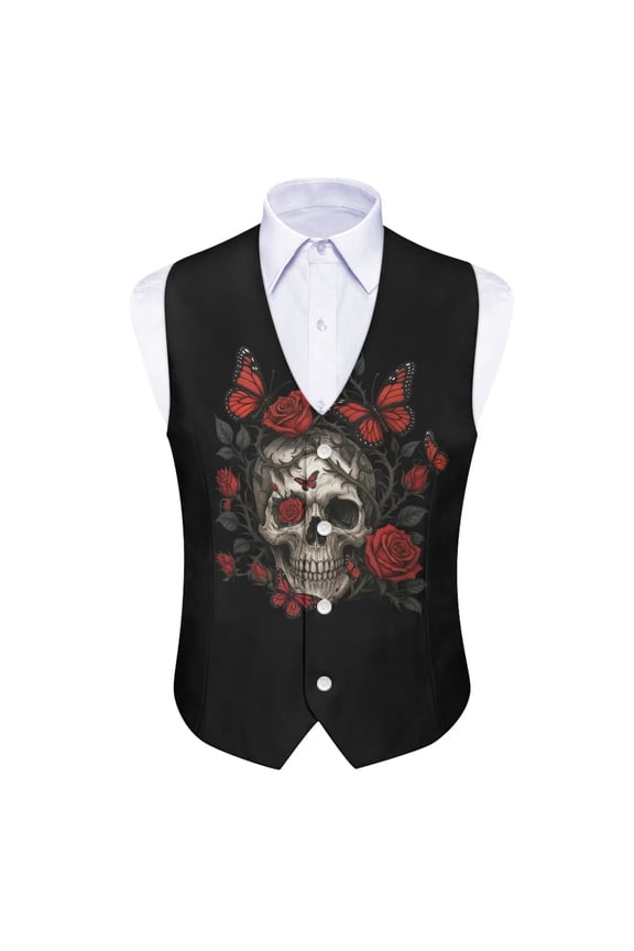 Men's Skull Butterfly Suit Vests Business Formal Dress Vest Gothic Steampunk V-Neck Waistcoat Tops Lightweight Wedding Prom Tuxedo Jacket