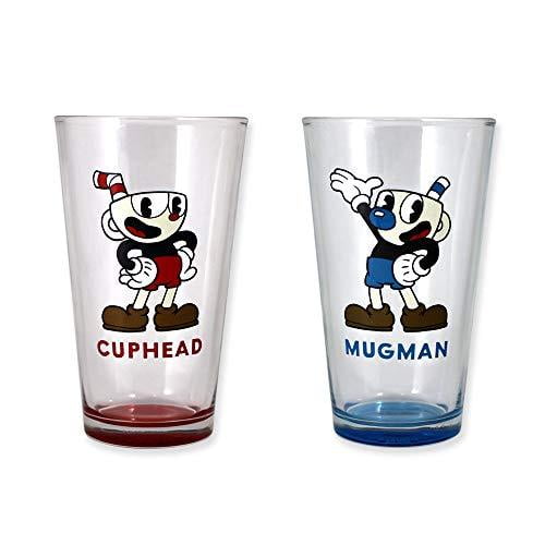 Cuphead Pint Glass, Set of 2, Transparent Glasses with Bottom Spray, 16