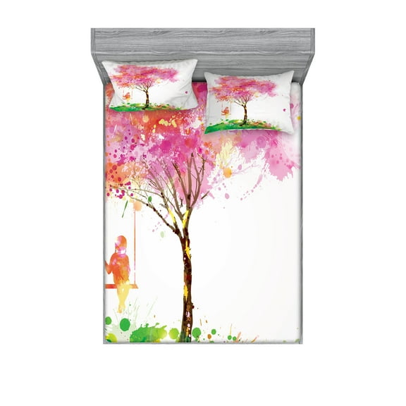 Ambesonne Colorful Fitted Sheet & Pillow Sham Set, Spring Blossoming Tree, Full, Multicolor