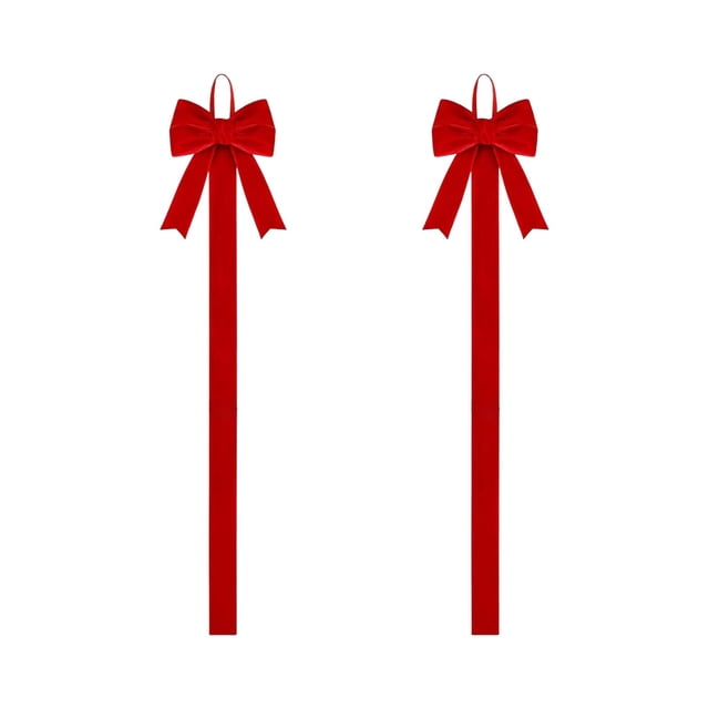 2pc Velvet Christmas Bow Decoration Photo Display Tape - Red Flock Ribbon Hanging Bows for Holiday Window Home Decor