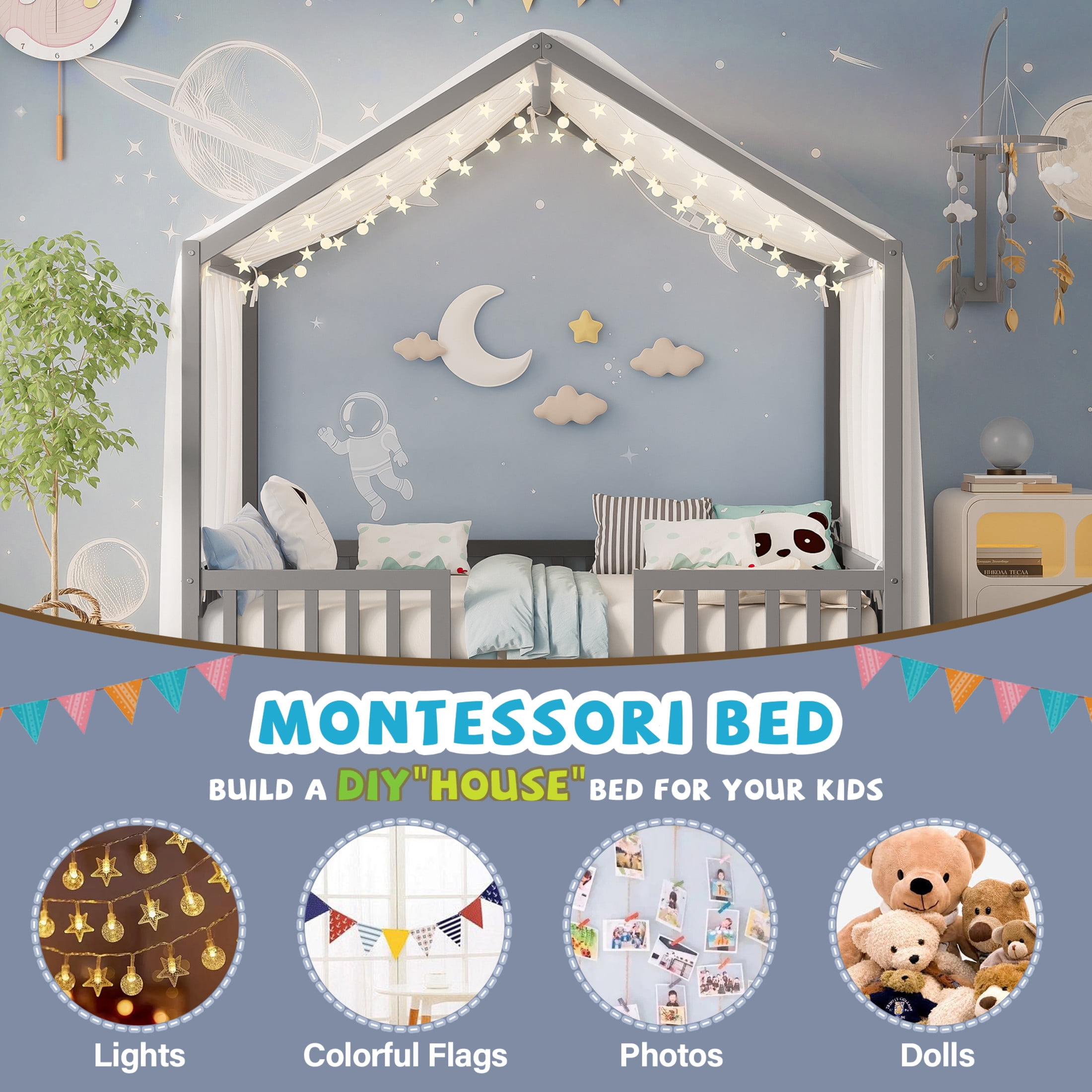 Noble House Full Floor Bed with Canopy and Guardrails, Wood House Bed Frame for Kids, Gray