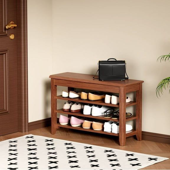 YINGYING Shoe Bench, Solid Wood Shoe Storage Bench with Adjustable Hidden Storage, 3-Tier Entryway Bench for Hallway