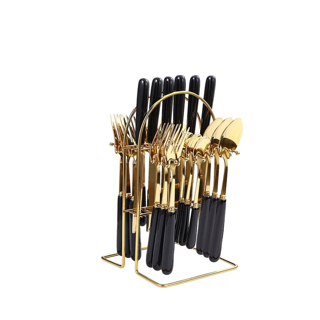 Zhuge 24Pcs Silverware Set, Stainless Steel Cutlery Set with Holder, Flatware Set for 7 Person Tableware Set - Gold,Black