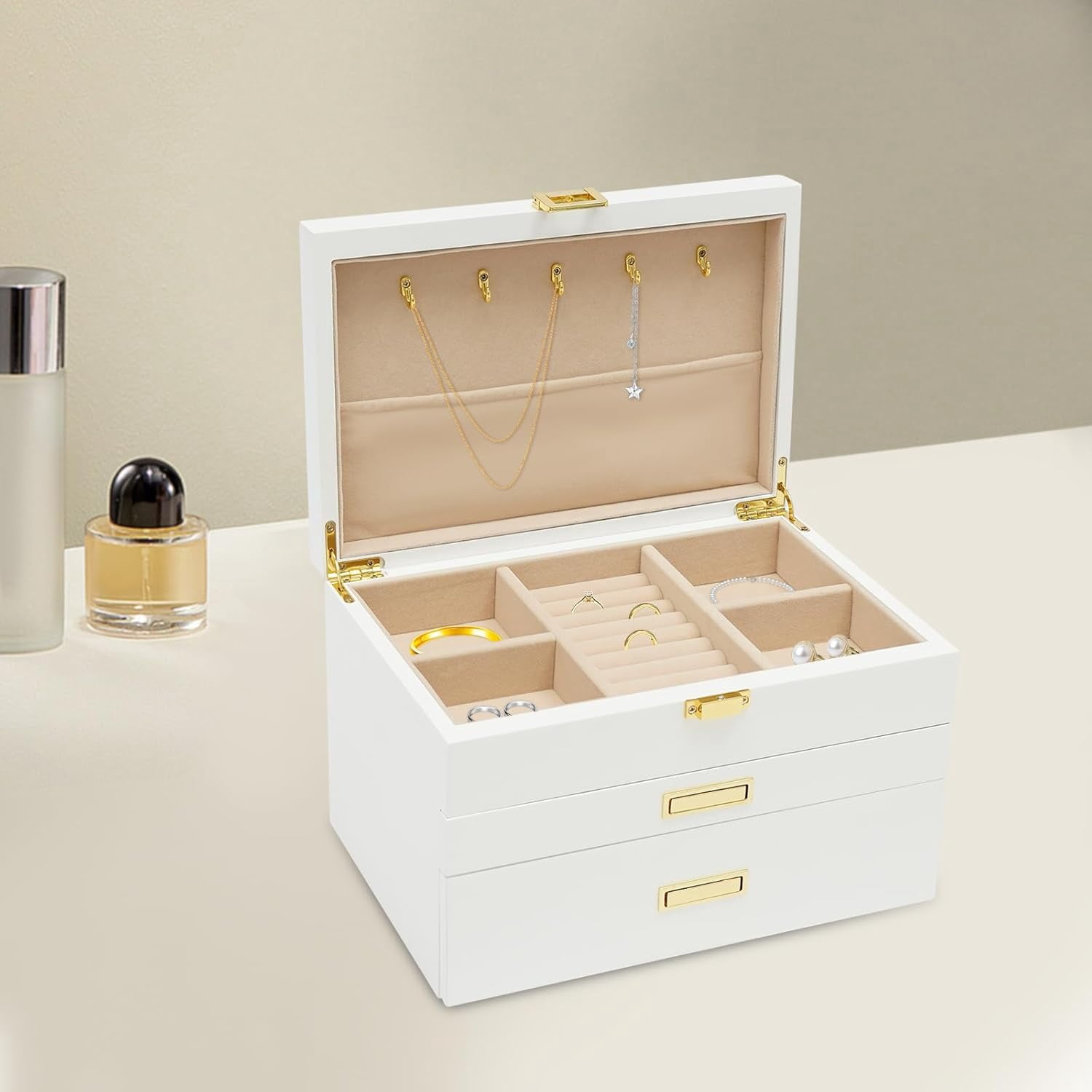 Women 3 Layers Wooden Jewelry Box for Jewelry Organizer Drawer Jewelry Display Box with Soft Velvet Lining for Ring Necklace Earring Bracelet (White)