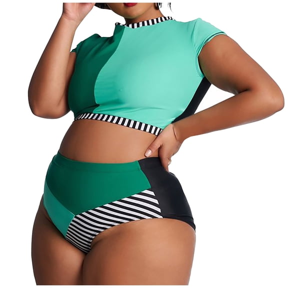 DHFJKG Womens Short Sleeve Swimsuit High Waisted Color Block Plus Size Swimwear Cropped Top Briefs Two Piece Bathing Suit Vacation Beachwear