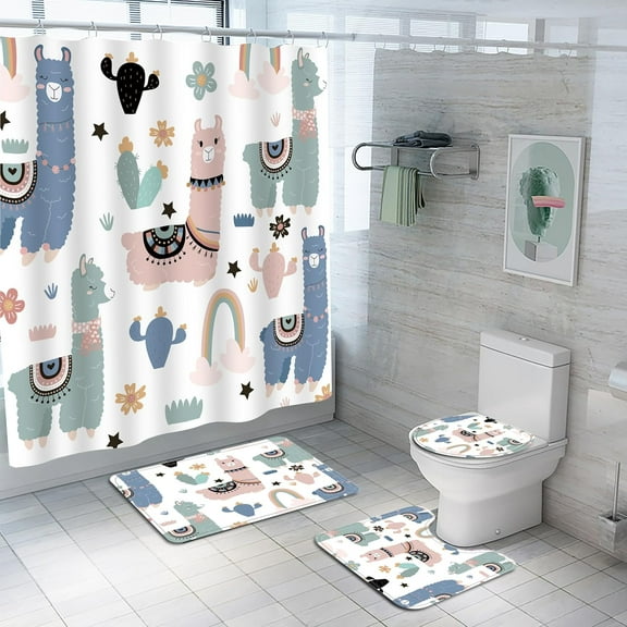 4Pcs Alpaca Sticker Kids Shower Curtain Set with Bath Mat, Non-Slip Bathroom Rugs and Toilet Lid Cover, Waterproof White Shower Curtain Set with Hooks, Girls Kids Bathroom Decor Sets