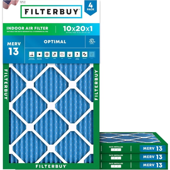 Filterbuy 10x20x1 Air Filter MERV 13 Smoke Defense, Pleated HVAC AC Furnace Filter Replacement, 4-Pack