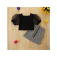 thumbnail image 2 of Kiapeise Toddler Girls Summer Outfit Sets Black Short Puff Sleeve Square Neck Tops + Houndstooth A-line Skirt, 2 of 9