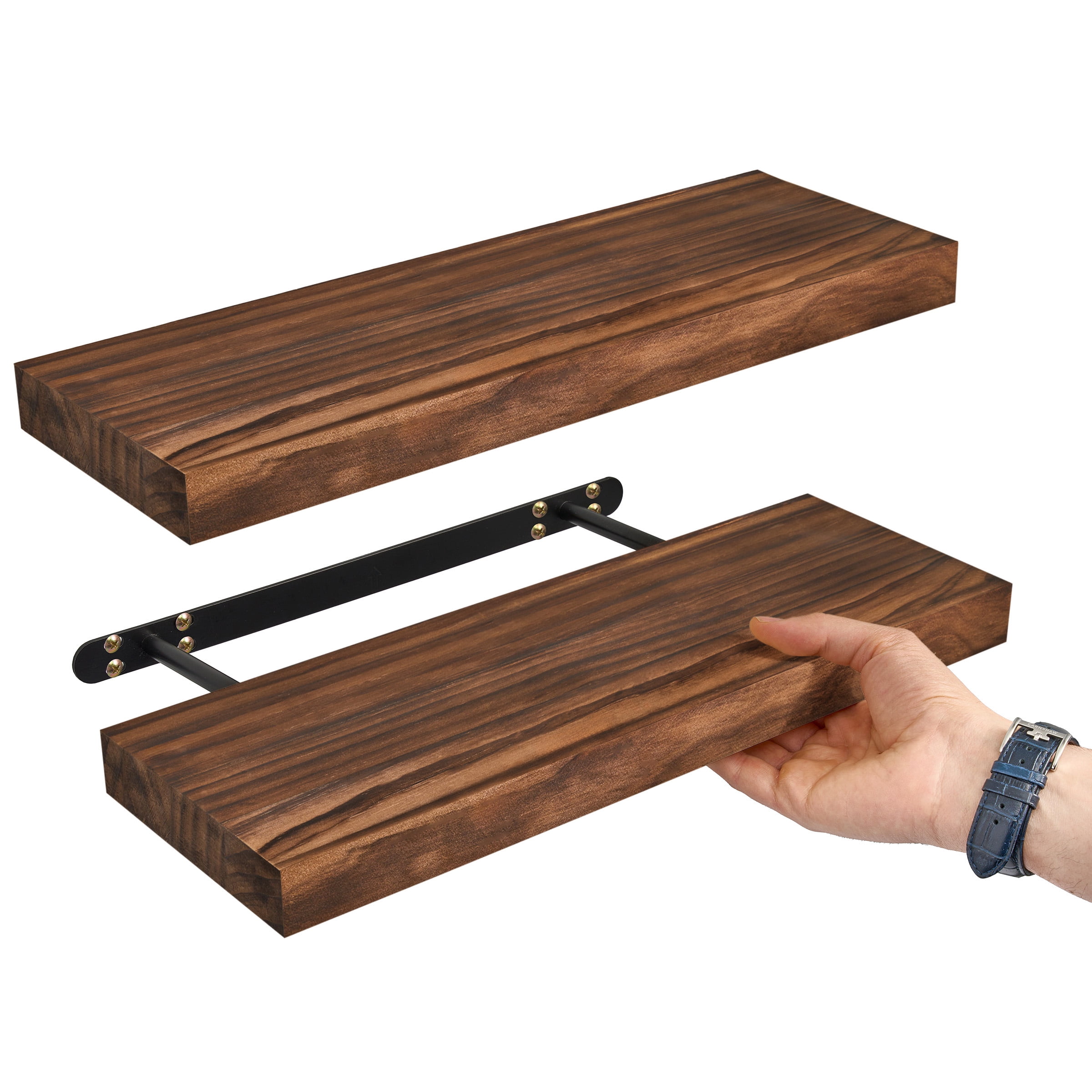 Sorbus 16" Brown Floating Shelves, Set of 2 Solid Pine Wood Wall Shelves for Bathroom, Kitchen, Bedroom & Living Room Décor