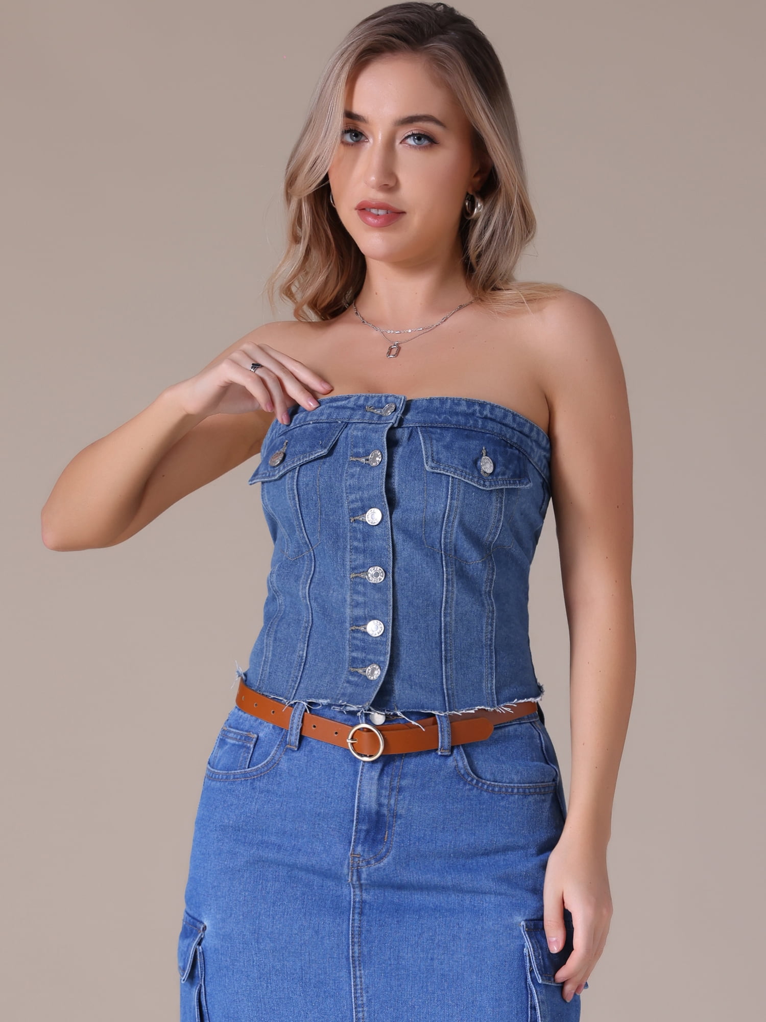 DARING DIVA Denim Tube Button Front Raw Hem Crop Strapless Bandeau Top XL Blue