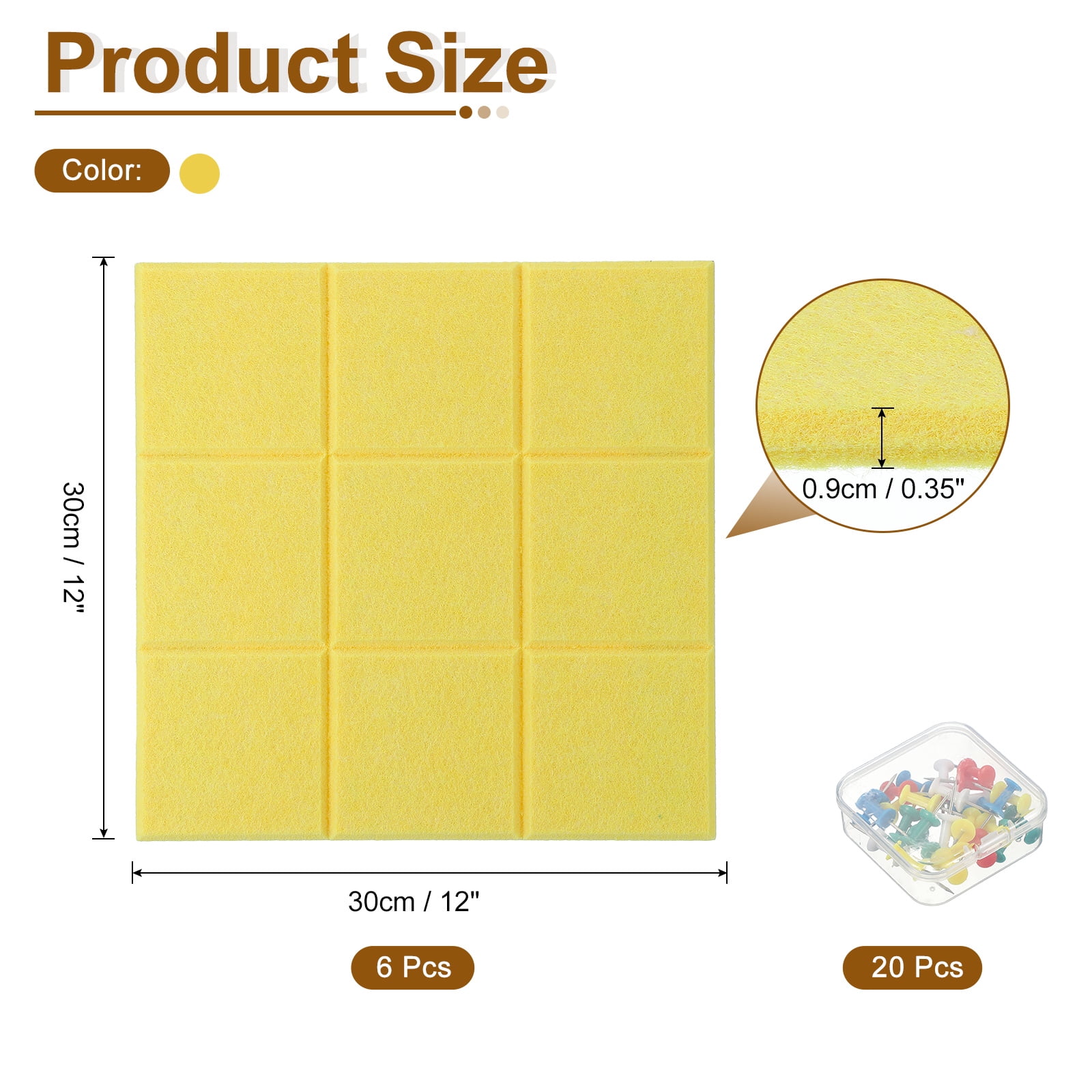 Uxcell 12" x 12" Felt Wall Tile, 6 Pack Felt Wall Tiles Bulletin Board with 20 Safe Removable Adhesive Tabs Cork Boards for Walls Home Office Photos, Lemon Yellow