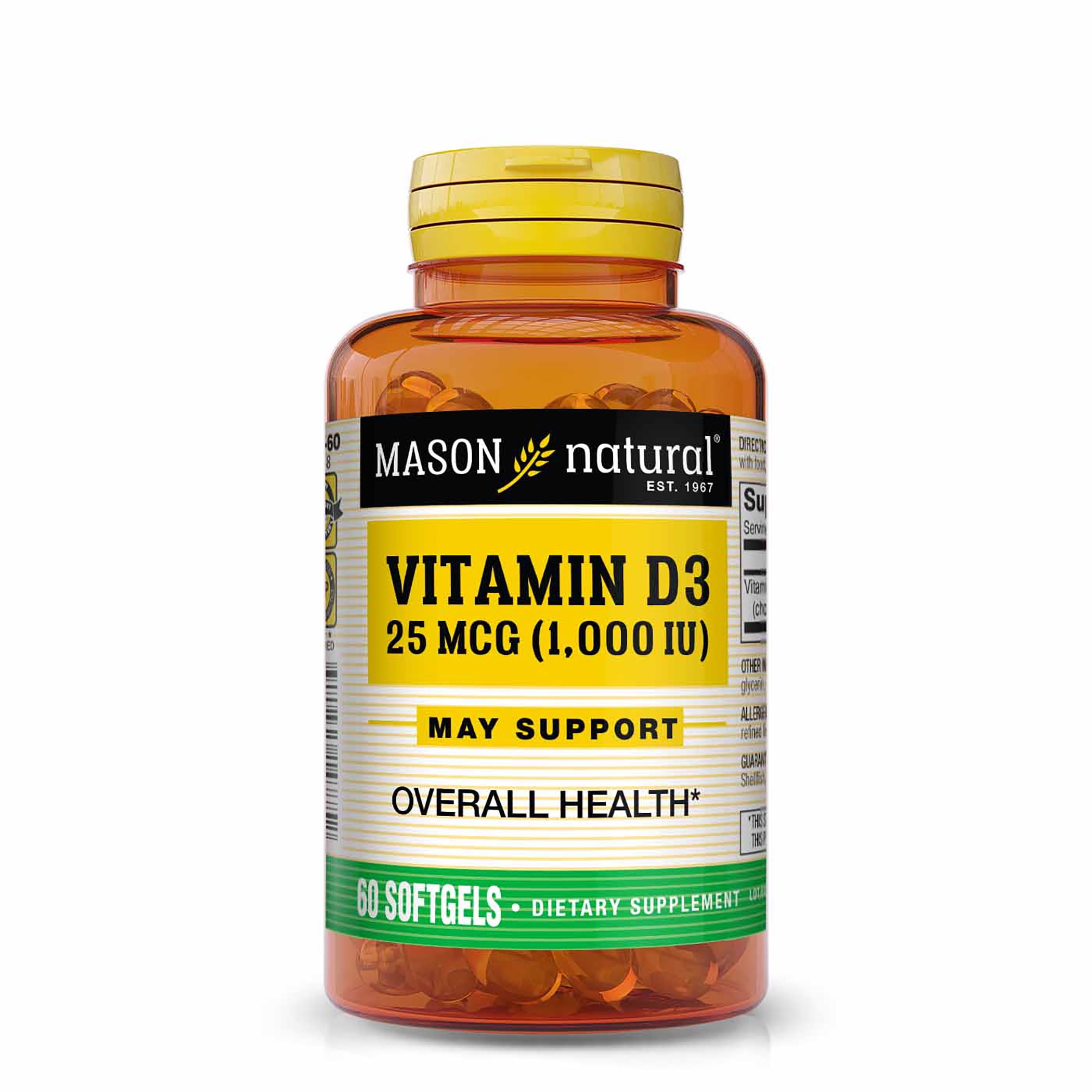 Mason Natural Vitamin D3 25 mcg (1000 IU) - Supports Overall Health, Strengthens Bones and Muscles, from Fish Liver Oil, 60 Softgels