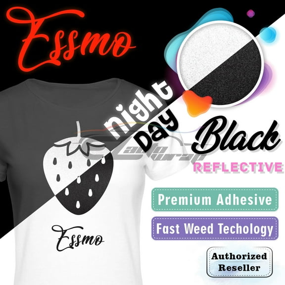 ESSMO™ Reflective Black Silver Heat Transfer Vinyl HTV T-Shirt 20" Wide Roll Iron Heat Press RT02 20"x12"