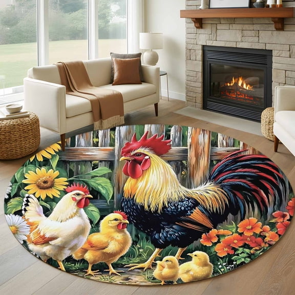 Vintage Rooster Round Rug 5ft Washable Circle Kitchen Rugs Non Slip Spring Flower Pastoral Animals Large Area Rug Indoor Floor Carpet for Bedroom Living Room Home Office Dining Room Nursery
