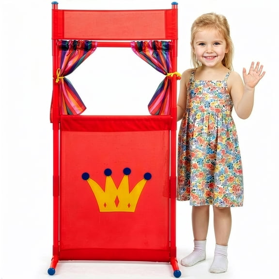 Kiddie Play Puppet Theater for Kids Floor Puppet Show Stand with Curtains Stage Playset for Toddlers 18" W X 44" H Red