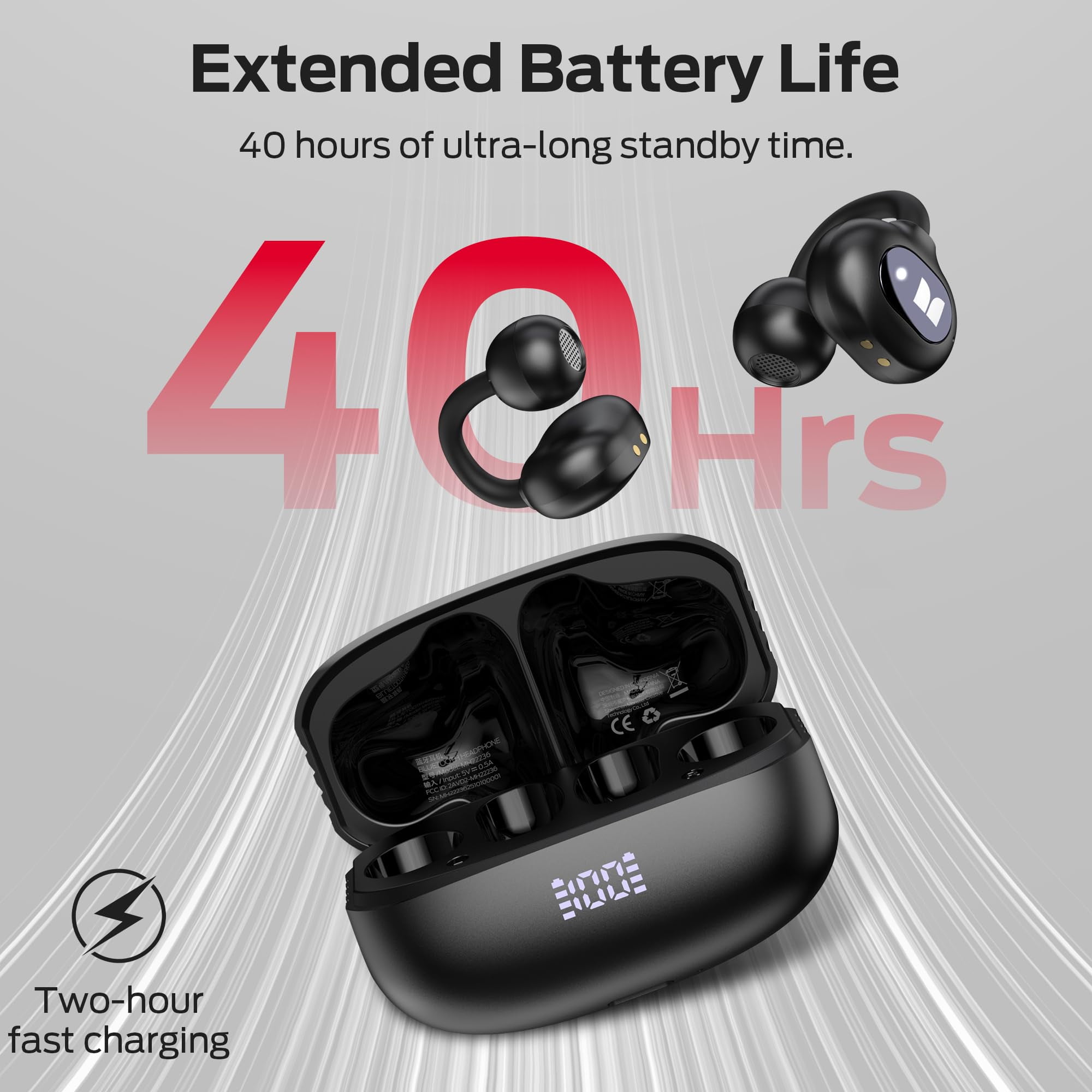 Monster Open Ear Earbuds, Bluetooth 6.0 Earphones Stereo Sound, Open Ear Clip Wireless Earbuds 40 Hours Playback, with Smart Digital Display Design, Touch Control, IPX6 Waterproof