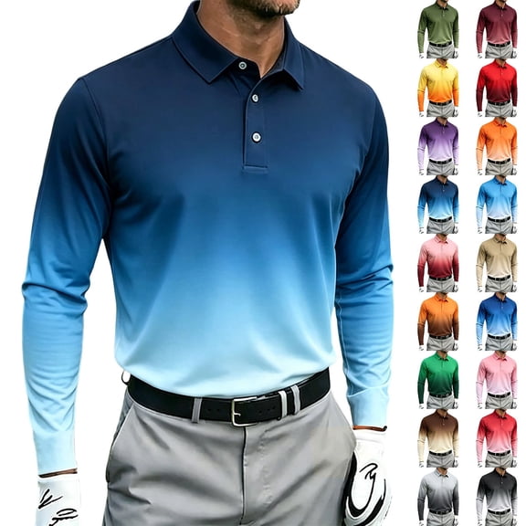 AKOEE Polos Golf Shirts for Men Gradient Color Button Collared Tops Sports Casual Long Sleeve Blouses, Navy 3XL