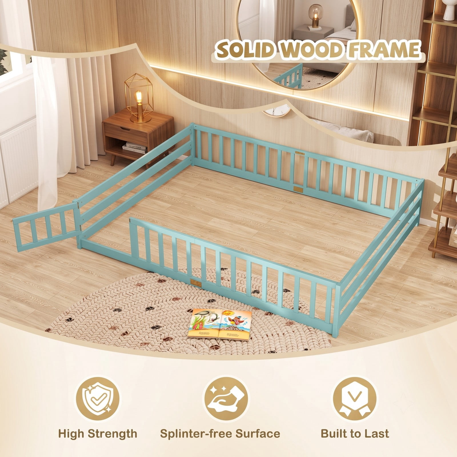 Furnibear Queen Size Wood Montessori Floor Bed Frame with Full Length Guardrails and Lockable Gate, Queen Bed Frame for Kids Bedroom, Aqua