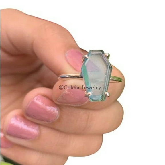Natural Aquamarine Gemstone Women's Ring, Solid 925 Sterling Silver Jewelry, Prong Setting Coffin Ring, Promise Ring, Metaphysical Bridesmaid Gifts, March Birthstone (aquamarine, Size 7)