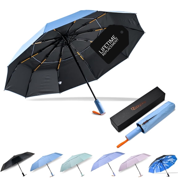 DryDay 46" Travel Umbrellas for Rain - Large Windproof Double Canopy Umbrella, 10 Durable Ribs, Strong Frame, Auto Open Close Ergonomic Handle, Compact Waterproof Umbrella for Women & Men, Pale Blue