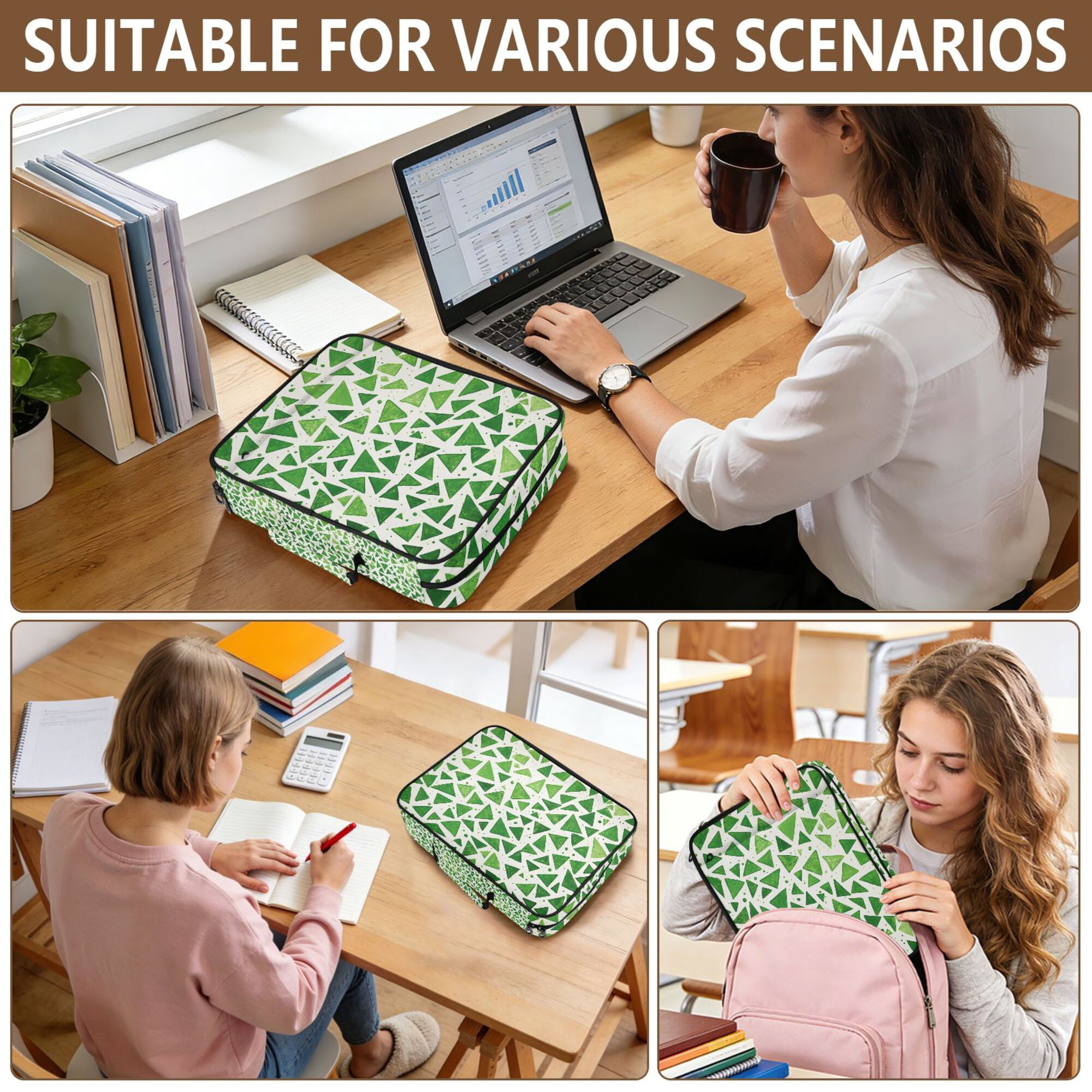 FORMRS Accordion File Folder A4 Size 7-Pocket Expanding Document Organizer Bag with 3 Ring Binder, Green Dot Triangles Pattern