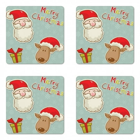 

Christmas Coaster Set of 4 Merry Christmas Lettering with Funny Gift Santa and Deer Snowflakes Square Hardboard Gloss Coasters Standard Size Almond Green Multicolor by Ambesonne