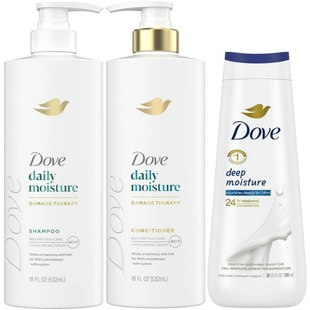 Dove Daily Moisture Shampoo & Conditioner Set with Deep Moisture Body Wash – Deep Hydration for Revitalizing Dry Hair and Skin (3-Piece Set)