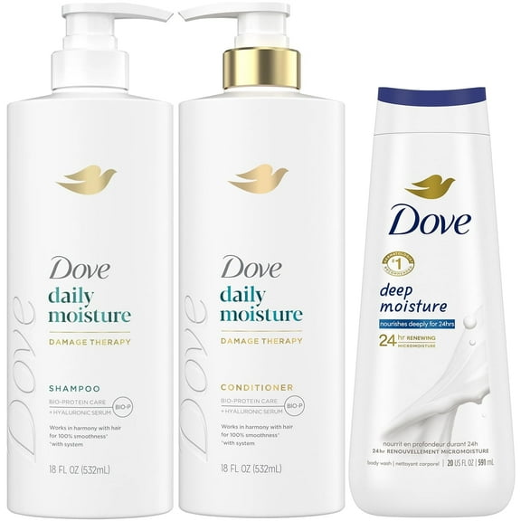 Dove Daily Moisture Shampoo & Conditioner Set with Deep Moisture Body Wash – Deep Hydration for Revitalizing Dry Hair and Skin (3-Piece Set)
