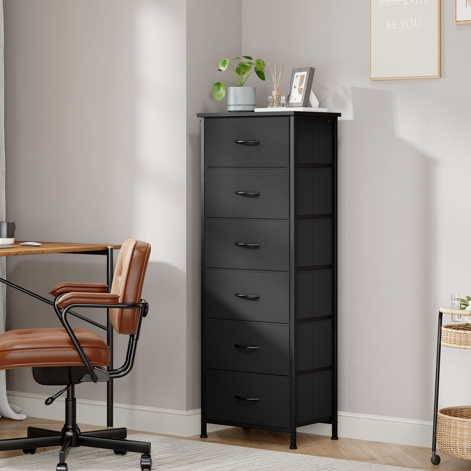 Eunos 6 Black Dresser with Fabric Chest of Drawers, Tall Nightstand  for Bedroom Living Room