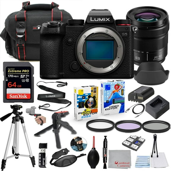 Panasonic Lumix S5 Mirrorless Camera with 20-60mm Lens Bundle   Accessory Package Including 64GB Extreme Pro Memory, HD Filters, Carry Bag, Editing Software Package & More (30 Items)