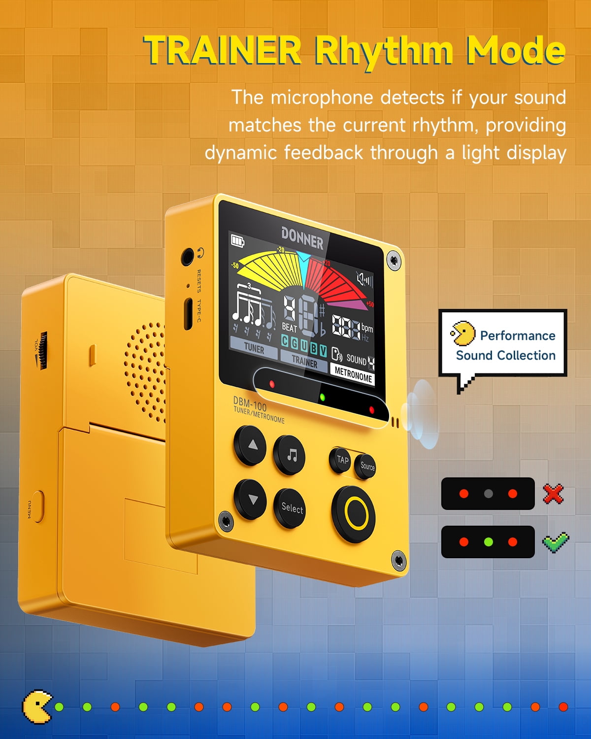 Donner Digital Metronome Tuner 3-in-1 For Guitar, Violin, Ukulele, Piano, Flute & All Instruments, Yellow