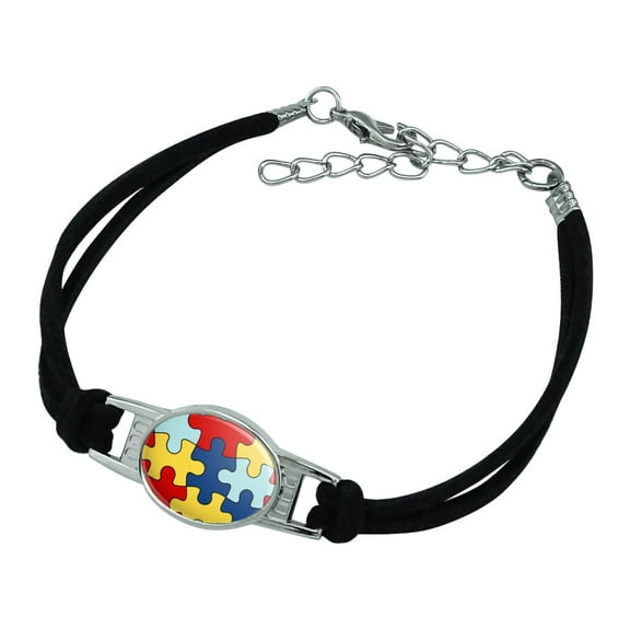 Autism Awareness Diversity Puzzle Pieces Novelty Suede Leather Metal Bracelet