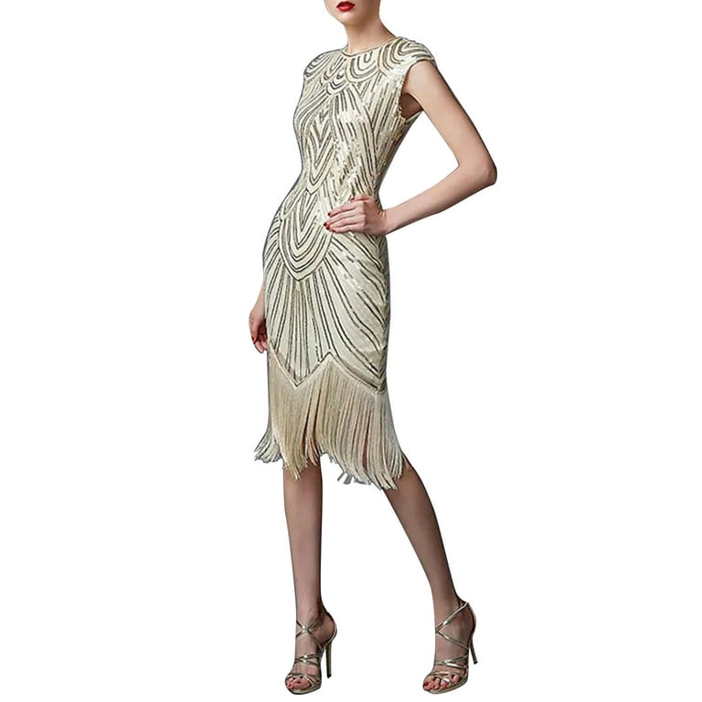 mveomtd Fashion 1920s Vintage Casual Gothic Dress Plus Size Sequin Tassel Girl Party Dress Long Sundress Women Beige - Walmart.com