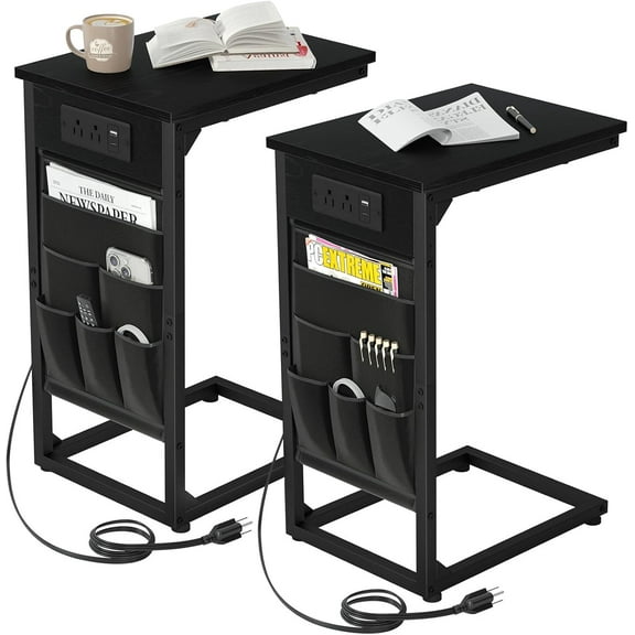 AMHANCIBLE C Shaped End Table with Charging Station, TV Tray Set of 2, Couch Tables with Storage Bag, Slide Under Sofa Side Table with USB Ports and Outlets for Living Room, Black, HET04CBK