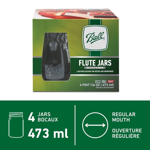 Ball Flute Mason Jars, 473 mL Pint-Size (16 oz), 4 Pack