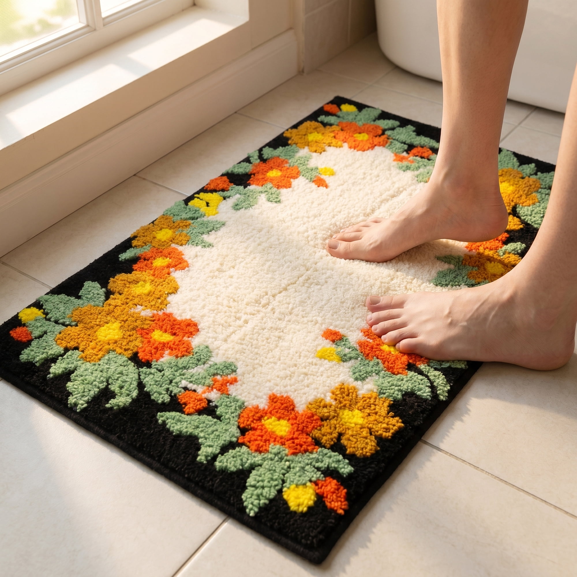 Unique Bargains Modern Printed Soft Absorbent Shaggy Bath Mat Non Slip Black 32" x 20"